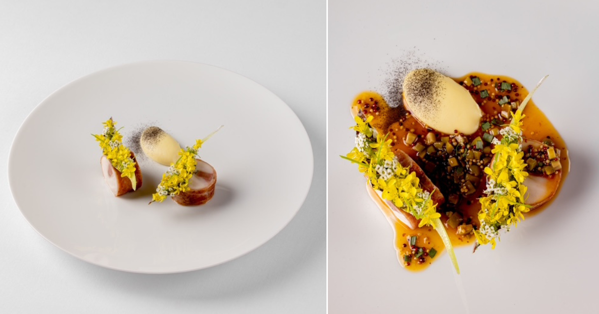 Plated dish from Hélène Darroze at The Connaught featuring precise presentation, edible flowers and a seasonal garnish.